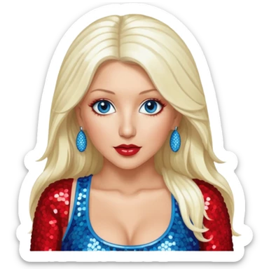 Christina Aguilera with long platinum blonde hair, blue eyes, sequin red crop top sticker