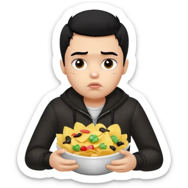a PRETTY BRATZ boy with black hair, stuffing his face with chips and looking sad sticker