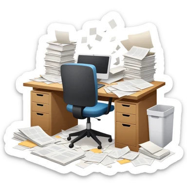 minimalist desk cluttered with papers spilling over, symbolizing overwhelming admin workload sticker