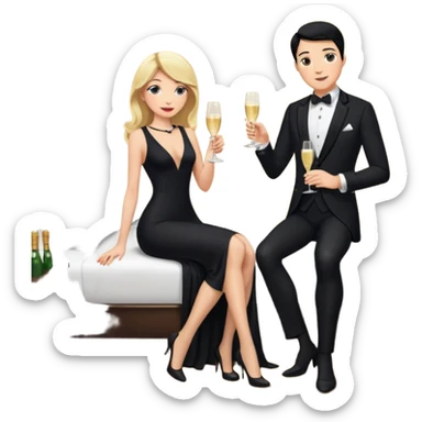 Blonde woman, black, Long, tight, sleveless Dress, Slot left Leg, stockings, man, DARK Hair, in Dinner jacket, Background bedroom, drinking champaign sticker
