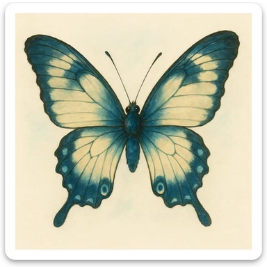realistic whimsical black, blue and cream butterfly, natural colors, soft, fairy-like atmosphere, no background, square size sticker
