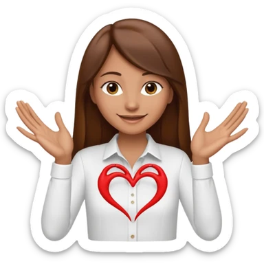 Mujer trigueña cabello largo lacio castaño haciendo un corazon con sus manos con camisa blanca sticker
