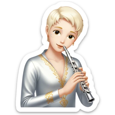 Cinematic Realistic Flute, polished silver metal with precise keywork, warm golden reflections dancing along its surface, soft hands carefully positioned over the keys, glowing with an elegant and airy charm. sticker