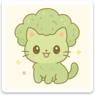 broccoli cat with green fuzzy fur, cat with broccoli-shaped head, cute and playful, kawaii style, simple background sticker