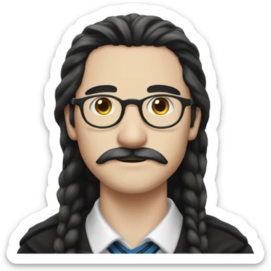 he has got white skin, he has got long black an very straight hair, he has got a mustache, he has got glasses, he is from ravenclaw sticker