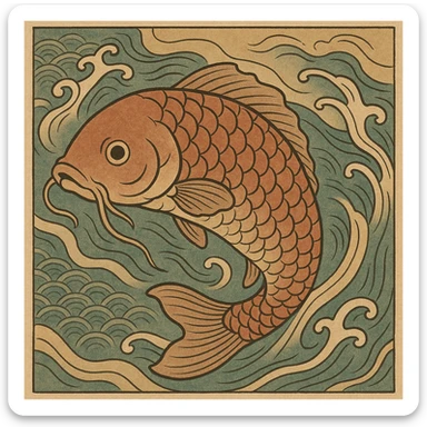 ukiyo-e style illustration of a koi fish swimming sticker