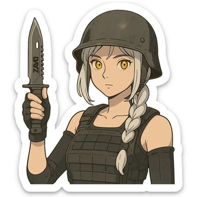  a closeup portrait of young woman with gold yellow eyes, white hair, long braid, black off-shoulder top d-cup, punk gothic style, futuristic cyberwave cyberpunk,  she has a plate carrier armor vest , and a old-style steel bulletproof combat helmet.  holding up a DAYZ combat knife sticker