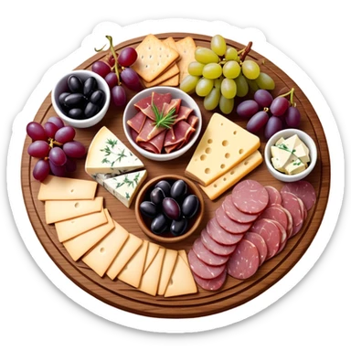 Delicious charcuterie board with assorted cheeses, meats, crackers, grapes, and olives arranged beautifully on a wooden board sticker