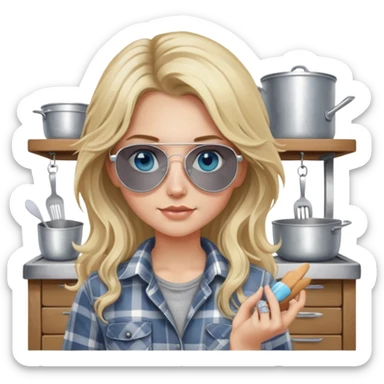 girl with long blond messy hair wearing grey plaid shirt with blue eyes and aviator sunglasses wearing a ring on her silver necklace, holding baking supplies sticker