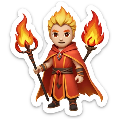 Clash of Clans aesthetic: Cinematic Ferocious Fire Mage Hero Emoji, rendered in a 3D vector-style similar to standard emojis with minimal shading and bold, simplified shapes. A compact, isometric figure draped in flowing, charred and ember-lined robes, wielding a fiery staff crackling with intense flames. Eyes burning with an infernal glow, exuding raw, untamed power. Simplified yet unmistakably iconic, highly detailed and consistent, glowing with a fiery, molten radiance and high shine. Stylized with a touch of menacing sorcery and a searing, ember-infused outline, capturing the essence of a wrathful mage ready to unleash devastating fire magic! sticker