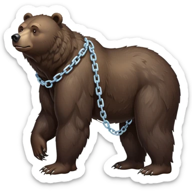Full-body shot of realistic dark brown bear on all four legs, showing complete bear from head to tail, stern expression, ice chain collar sticker