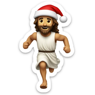 Jesus running, with a large stride and arms outstretched, santa hat sticker