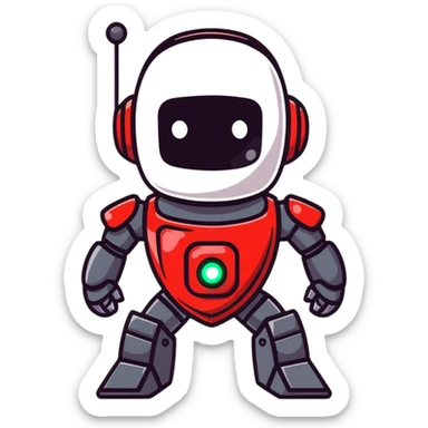 modern face of a black robot with white led eyes, red leds on robot, brave pose, smiling sticker