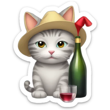 depressed tired kitty drinking wine and party hat on sticker