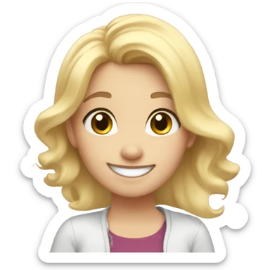 blond hair girl, hair to chin, smiling saying welcome, doing hand gesture and around are stars sticker