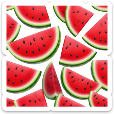Cinematic juicy watermelon, thick slices revealing vibrant red interior, glossy and glistening with tiny black seeds, fresh and refreshing, soft glowing background, summer vibes. sticker