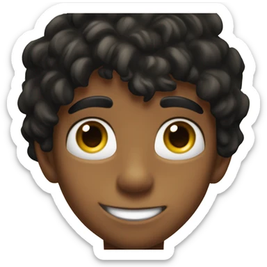 "Close-up of a young boy's face with tousled black hair, tanned skin, and big, expressive brown eyes full of curiosity. He has a playful smile and slight freckles, set against a blurred jungle background." sticker