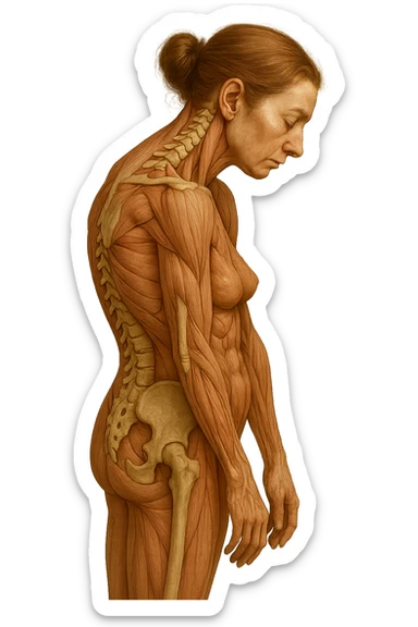 donna di profilo con spina dorsale in evidenza, postura storta, spalle chiuse in avanti, iperrealistica 4k sticker
