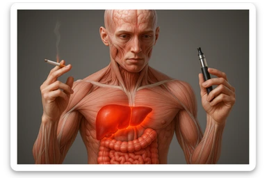 Medical illustration, hyperrealistic 4K, realistic anatomical human body, inflamed liver and intestine highlighted, holding a lit normal cigarette in the right hand and an electronic cigarette in the left hand, clear background, extremely detailed, same lighting and style as the reference image. sticker