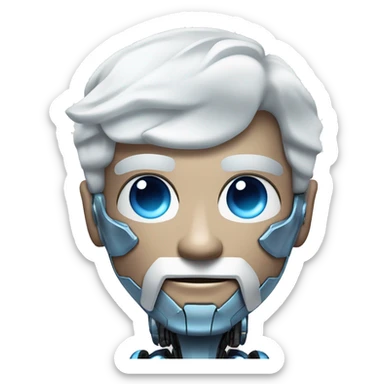 Bionic robot man muscly with white hair and beard and blue eyes flexing muscly arms  sticker
