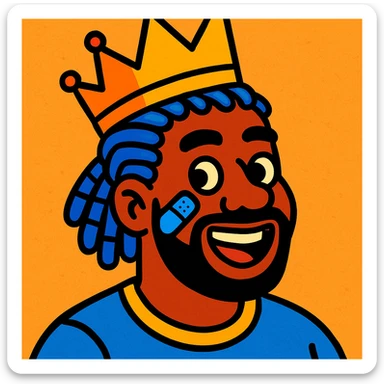 afro man, blue cornrows, crown, blue band-aid on cheek, vibrant and characterful, vibrant toon style sticker