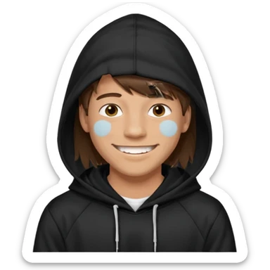 20 yr old man, brown hair, straight, big smile, white teeth, tanned skin, bangs, black hooded sweatshirt, long hair in back, center-parted bangs sticker