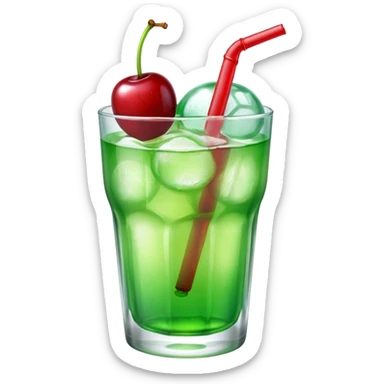 Create an emoji with a very clear rounded glass and ice, bright transparent green soda , a smooth vanilla scoop circle shape, a glossy red cherry, using vibrant colors, soft shading, and clear glass highlights.
 sticker