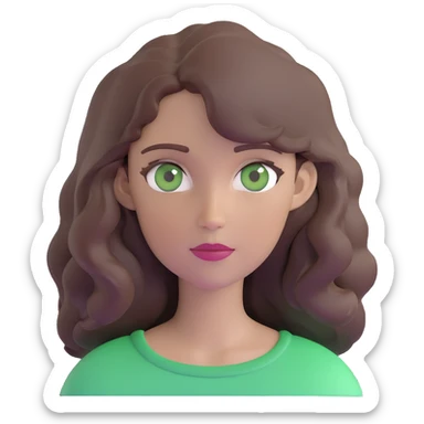 woman with wavy dark brown hair and green eyes, neutral expression sticker