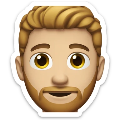 White male, car sales man, age 25, brown hair, short beard, beard is not connected to a mustache, no mustache, green/blue eyes sticker