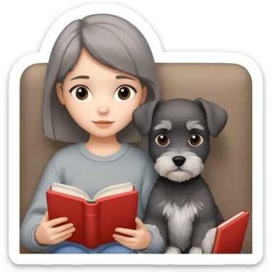 a girl reading a book with a cute male Schnauzer puppy beside her, cozy and relaxing mood, iPhone icon style, simple and clear, soft colors, minimal background sticker