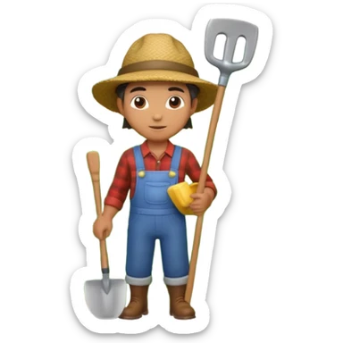 A 3D cartoon farmer standing in a green field with crops, wearing a hat and holding a shovel, bright sunlight, soft shadows, realistic Memoji-style rendering. sticker