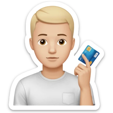 a 25 year old man thinking whit his hand forming an l shape on his chin whit short buzz cut hair whit a white t shirt and holding a credit card in his left hand make shure the card is medium sized so you can see it from a far make shure the caracther is big and a yellow background sticker