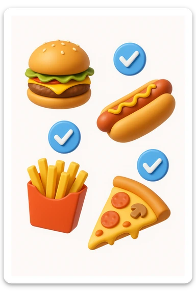 fast food fluttua in aria insieme a spunte di verificato in 3d, sfondo bianco sticker