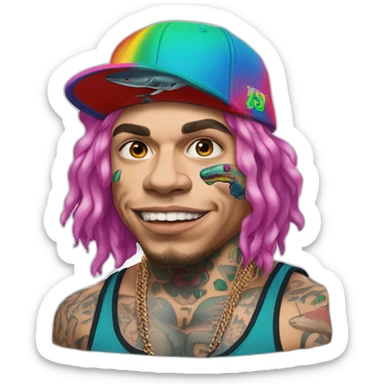 rapper 6ix9ine with face tattoos 69 with multi-colored hair  holds a double cap with a shark in his arms sticker