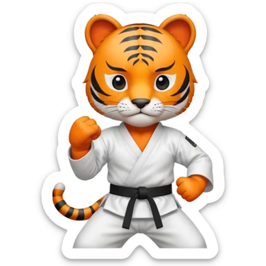 cute tiger doing karate portrait, head and shoulders only, wearing white gi uniform, black belt visible, fierce expression, 3D cartoon, mobile game icon style, clean background, no text, no watermark
 sticker