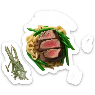 Filet mignon with green beans, pasta, and mushrooms sticker