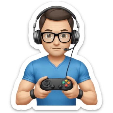 
gamer, Very fit muscular 40-year-old with youthful looks glasses, headphone, gamepad sticker
