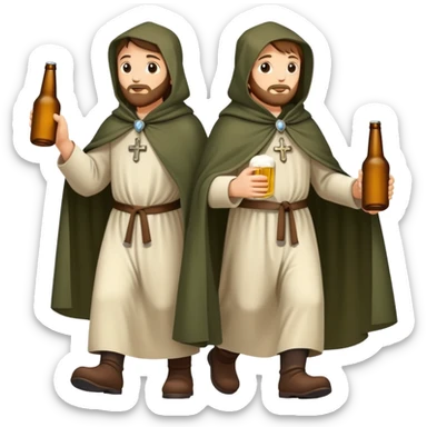 medieval pilgrims walking on a journey path with cloaks and beer bottles sticker