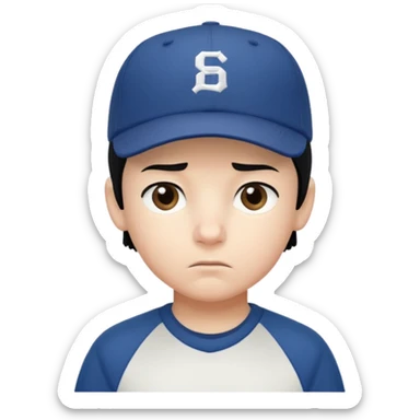 Gere um menino de cabelos preto e boné pro lado com feição séria sticker