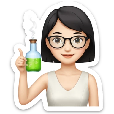 asian teacher with a white dress holding a flask with retangle glasses and black short hand make her smile and point to the right with her other hand sticker