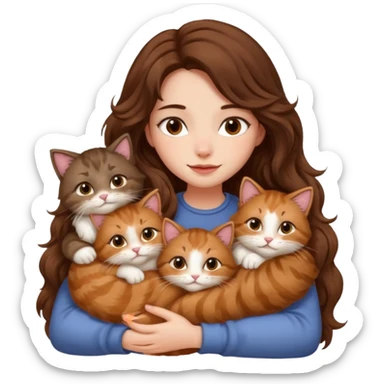 girl with long wavy brown hair snuggling 6 cats sticker