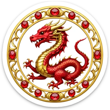 Golden Dragon crest/brosch in a circle with red gems sticker