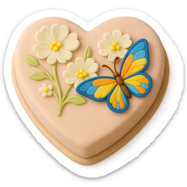 Make the butterfly smaller on the heart-shaped fondant cake with white flowers, fondant cake art style, keep transparent background. sticker