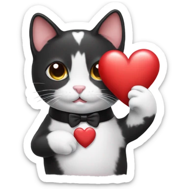 tuxedo cat holding a small heart sticker