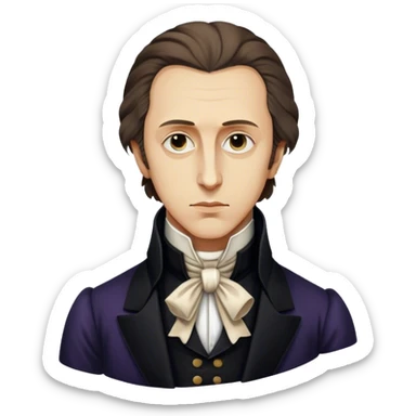 Cinematic Realistic Chopin Portrait Emoji, depicted as an introspective composer with expressive eyes and period attire, rendered with rich textured detail and soft classical lighting that captures his emotive musical genius. sticker