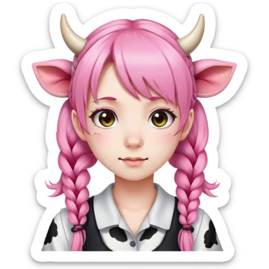 En anime-jente med rosa lange fletter, ku-horn og ku-ører sticker