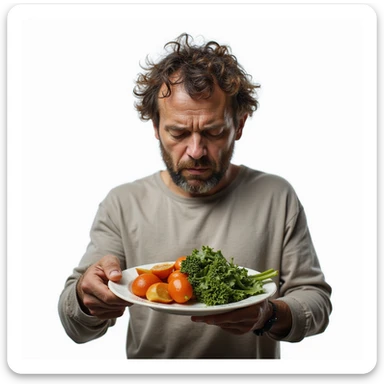realistic man, dull hair and dry skin, plate with only vegetables, atmosphere of malaise, caption in Italian: “Dieta priva di grassi salutari: compromissione della salute”, isolated on white background sticker