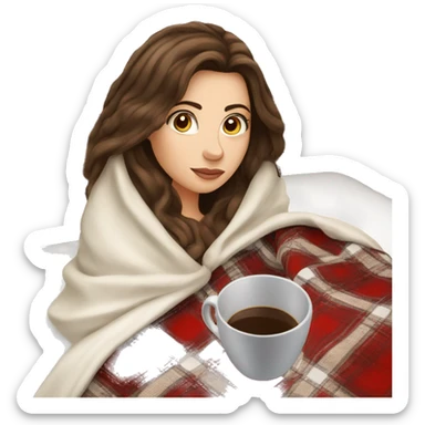 brunette white girl under plaided blanket with coffee cup sticker