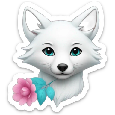 white fox with cyan hair and pink flower in it sticker