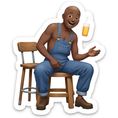 Side view Laughing telling story Old bald black man sitting on stool wearing overalls no shirt sticker